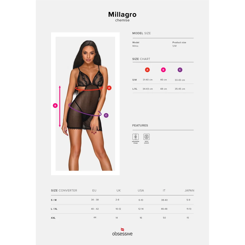 OB1555 Millagro chemise & thong black  L/XL   EAN:5901688231555