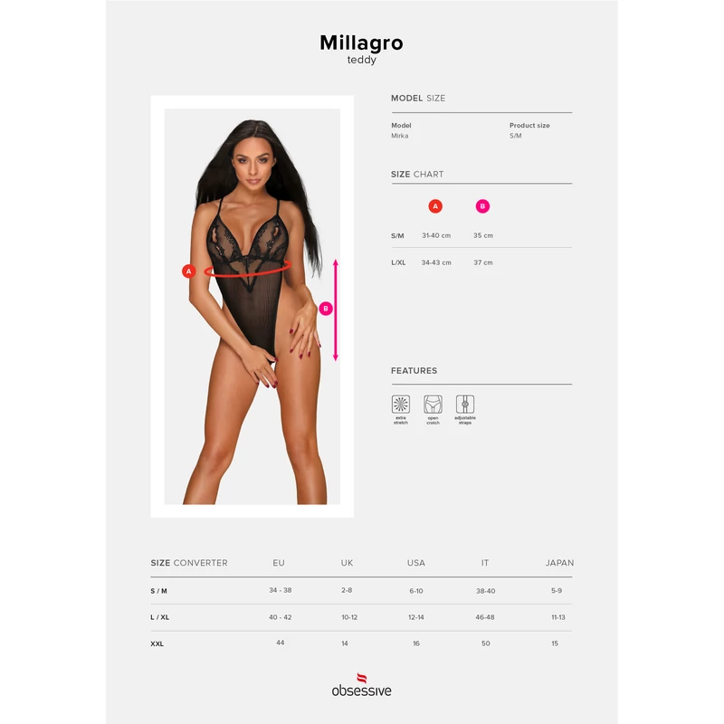 OB1500 Millagro crothless teddy black  S/M    EAN:5901688231500